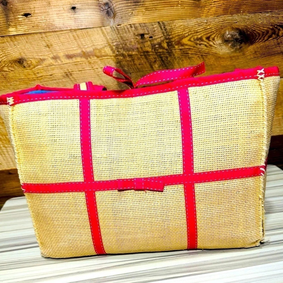 Ralph Lauren 90s Y2K Straw Tote Handbag With Pink Trim and bow, classic - Picture 2 of 5